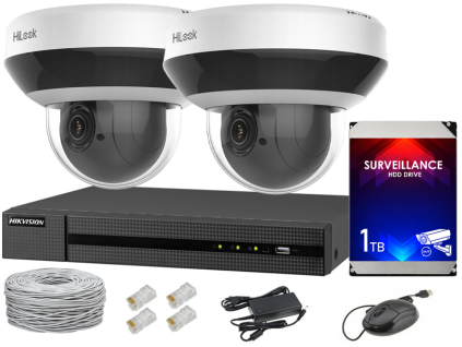 IP megfigyelő készlet, 2 mozgatható PTZ kamera 4MP, IR20, NVR 4xPoE, 1TB merevlemez - Hilook by Hikvision